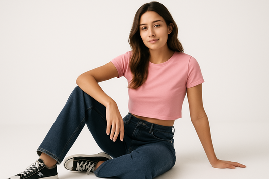Woman wearing a pink crop top tshirt and dark jeans sitting on a white background

